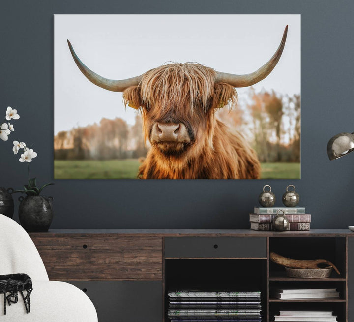 A dining room featuring a Highland Cow Animal Scottish Cattle canvas.