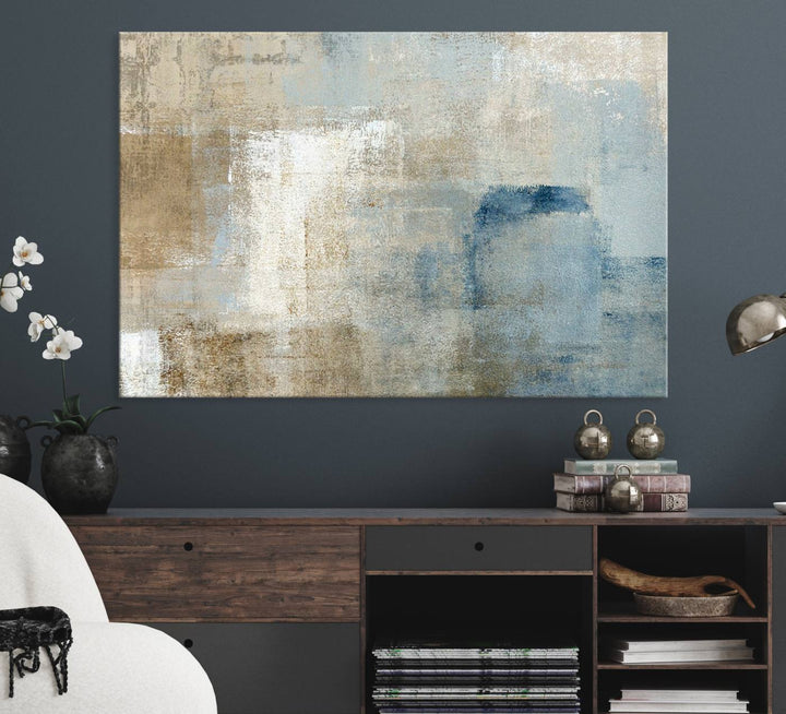 Abstract Blue and Beige Wall Art canvas print set with a modern minimalist aesthetic.