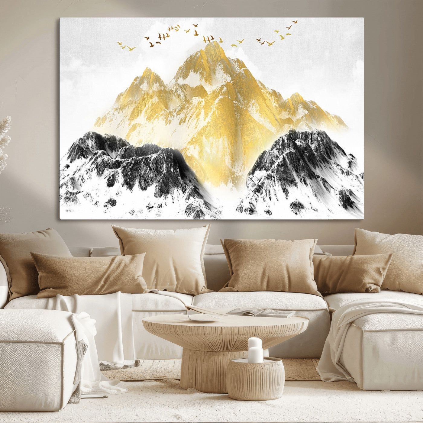 MGV-CV-36X24 - Golden Mountain Triptych Wall Art, Modern Giclee Canvas Print, Nature Landscape Decor for Living Room, Contemporary Gold and Black Wall Art