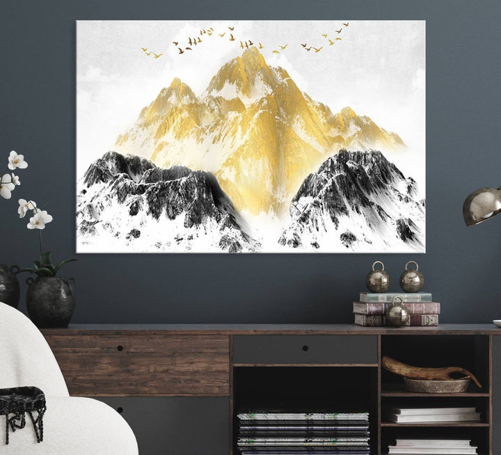 Golden Mountain Triptych Wall Art features gold-tinted mountains and birds.