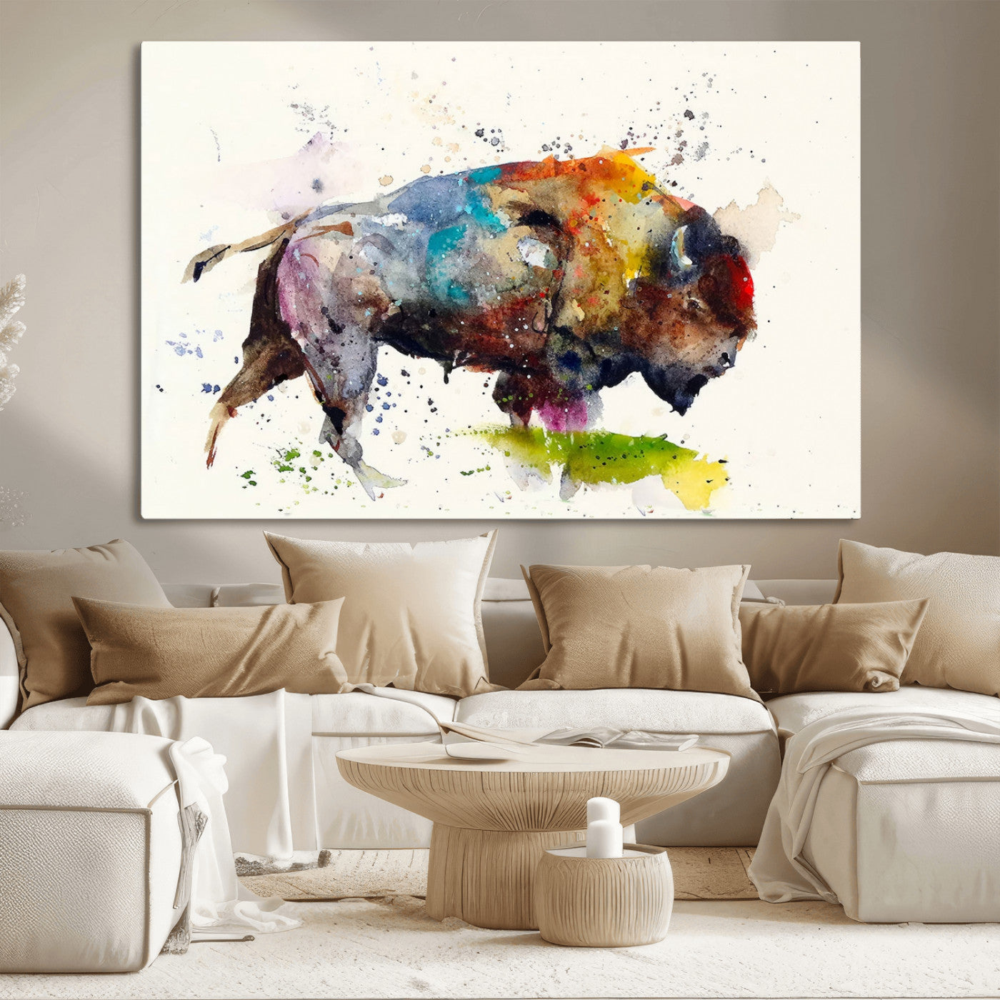 MGV-CV-36X24 - Abstract Buffalo Wall Art, Western Watercolor Bison Canvas Print, Rustic Buffalo Art for Cowboy and Western Decor, Large Multi-Panel Giclee Canvas