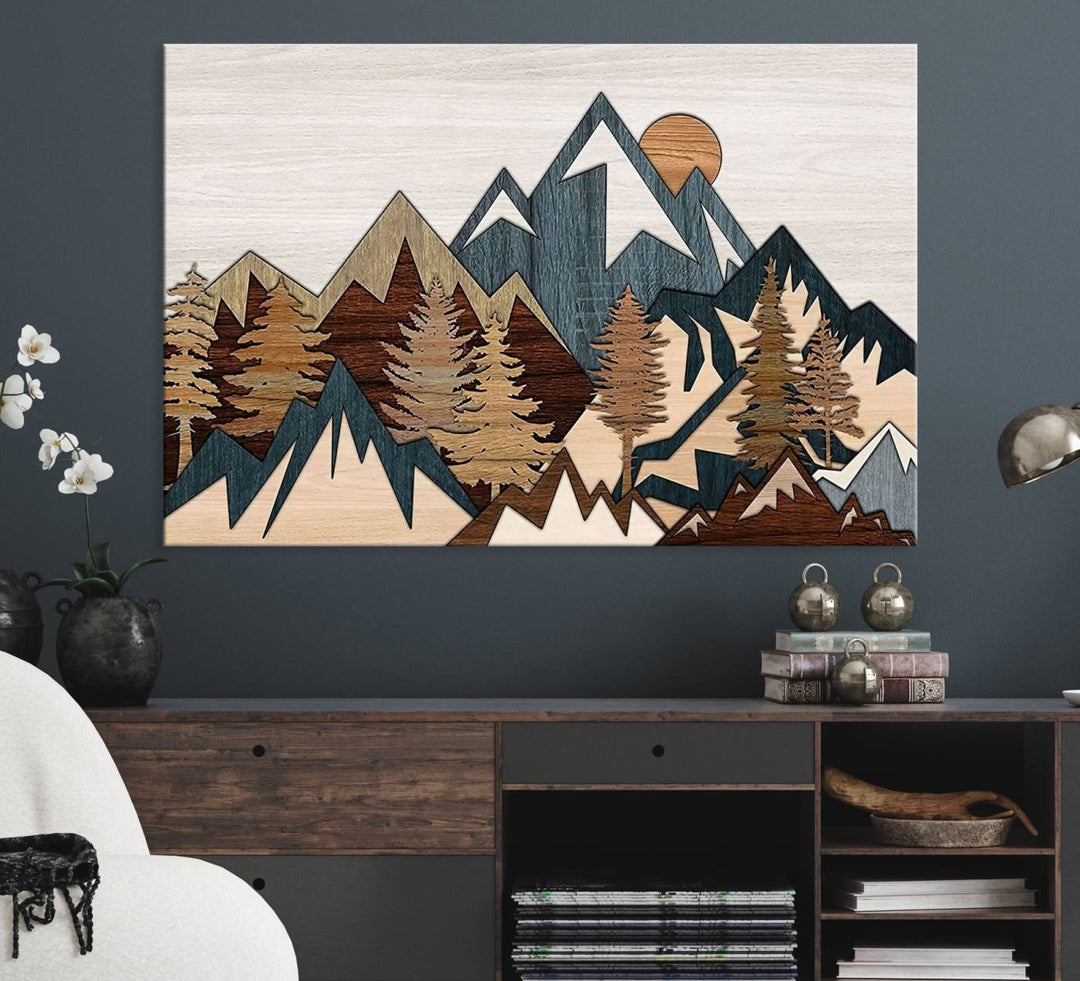 A Woodland Mountain Landscape Triptych serves as the centerpiece of the rustic decor.