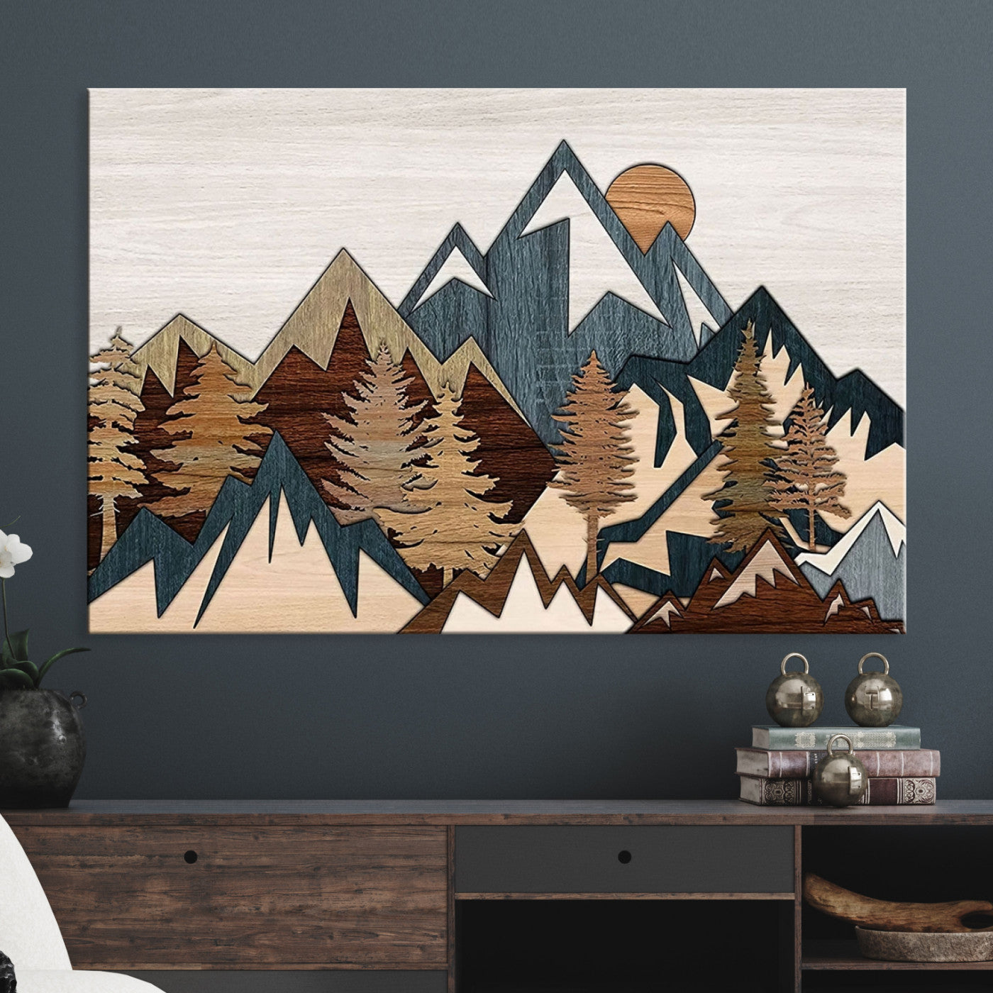 67950-MGV-CV-36X24-Rustic Abstract Wood Panel Effect Canvas Mountain Range Top Wood Wall Art Canvas Print