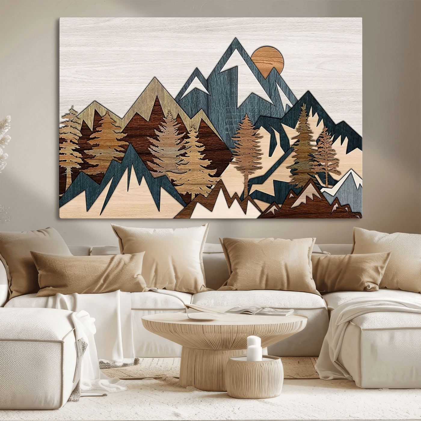 MGV-CV-36X24 - Woodland Mountain Landscape Triptych, Giclee Canvas Art for Modern Home, Rustic Wooden Nature Wall Art, Large Mountain and Tree Canvas for Living Room