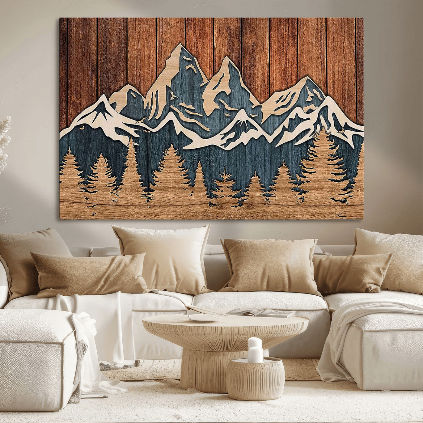 MGV-CV-36X24 - Rustic Wood Style Mountain Wall Art, Nature Forest Canvas Print, Wooden Textured Mountain Artwork, Handcrafted Landscape Decor for Farmhouse Decor