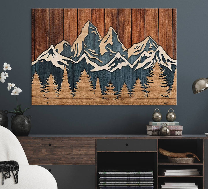 Rustic Wood Style Mountain Wall Art hangs on the wall.