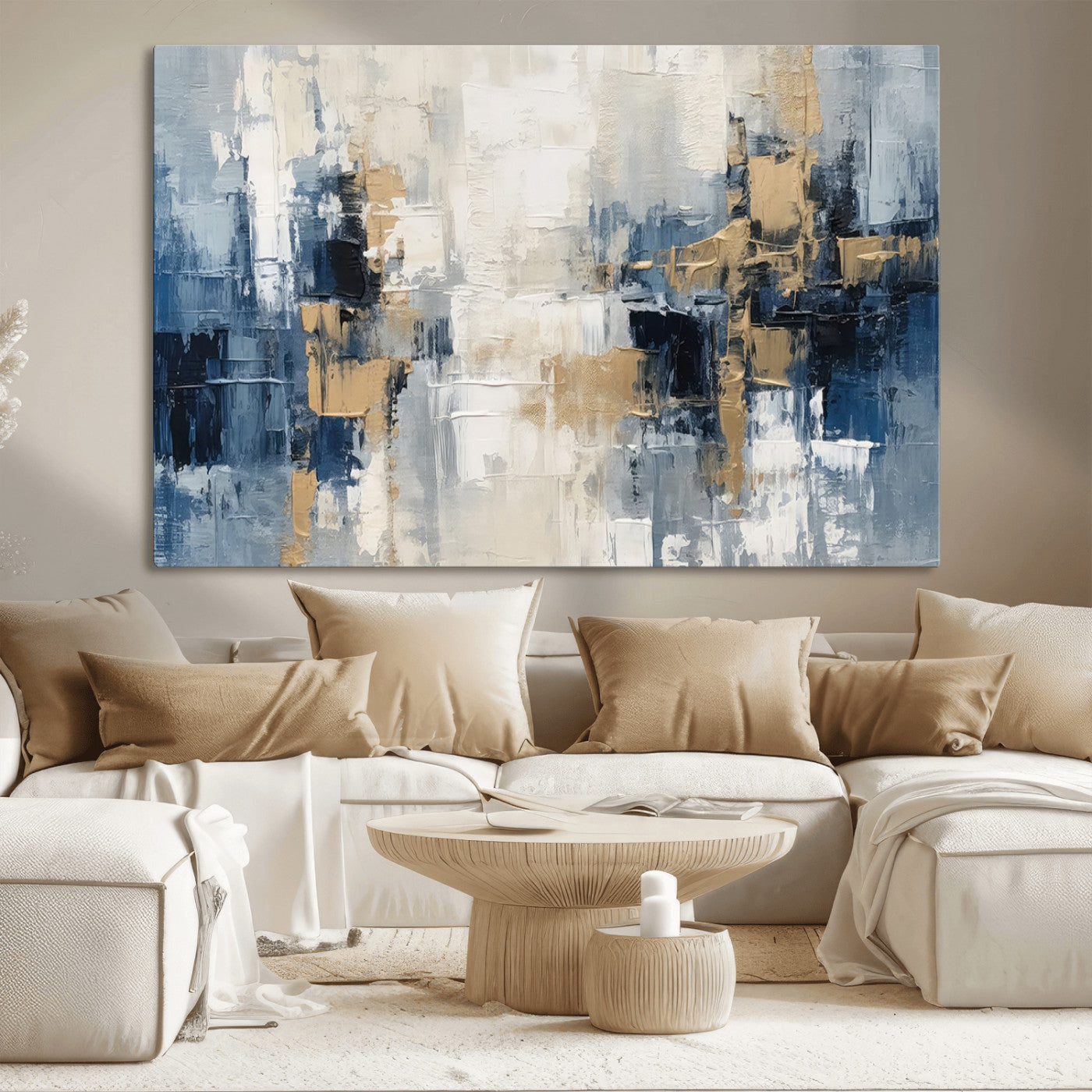 MGV-CV-36X24 - Modern Abstract Canvas Wall Art in Blue and Gold Tones | Large Contemporary Art for Living Room, Office, or Bedroom Décor
