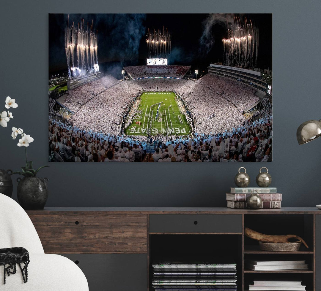 The perfect Penn State Football canvas wall art features a depiction of Beaver Stadium filled with fans in white, with fireworks exploding above.