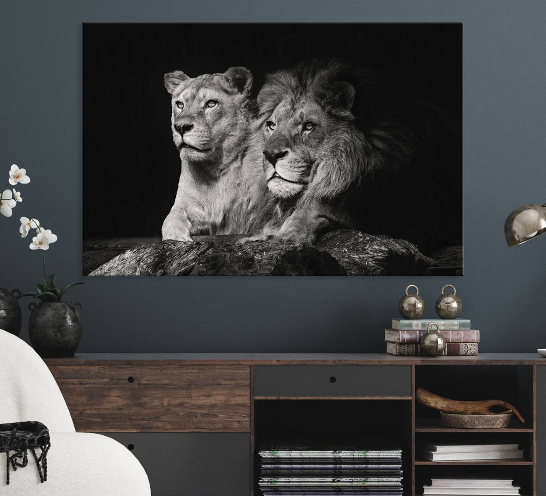 The Lion Couple Canvas Wall Art Print hangs prominently.