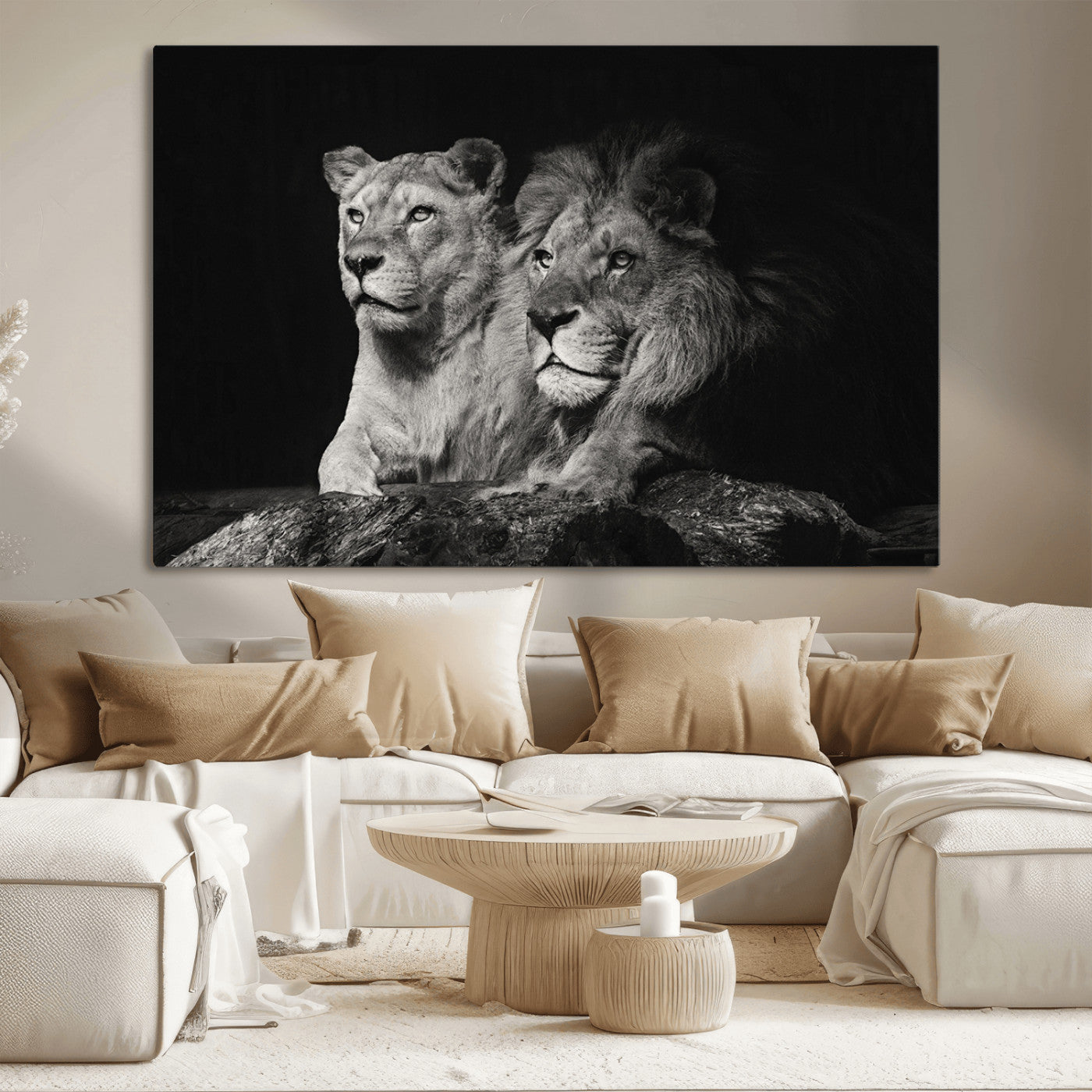 MGV-CV-36X24 - Lion Couple Canvas Wall Art Print – Elegant Wildlife Portrait in Black and White Lion Family – Ready to Hang