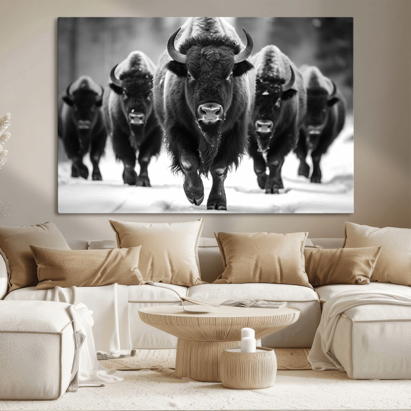 MGV-CV-36X24 - American Bison Art | Buffalo Herd Wall Art Canvas Print, BW American Bison Herd Wall Art Canvas Print