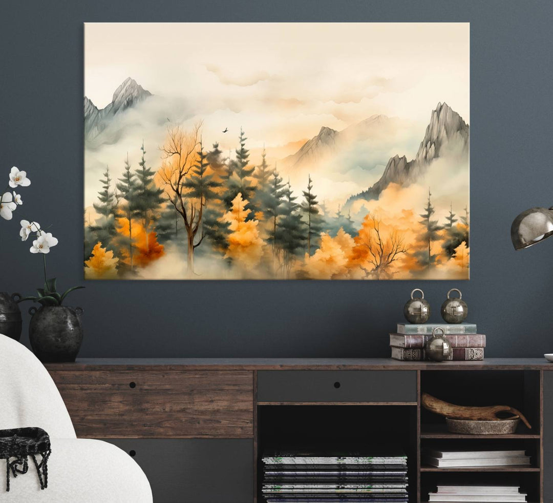 A wall art of Abstract Watercolor Mountains and Trees Autumn on museum-quality canvas.