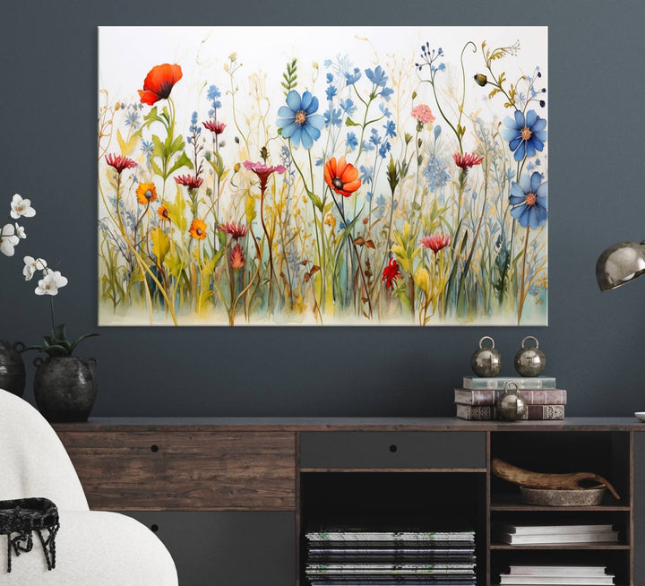 The vibrant Colorful Wildflower Canvas Wall Art adorns the wall.