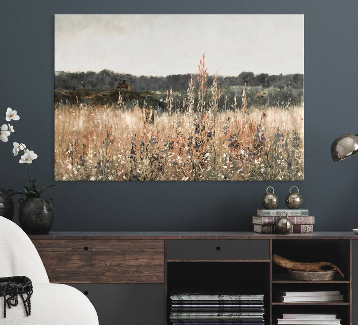 A dining room featuring the Abstract Wildflower Art Field Landscape Oil Painting Print.