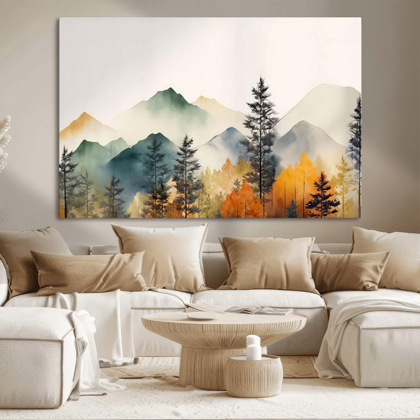 MGV-CV-36X24 - Abstract Watercolor Mountains and Trees Autumn Wall Art