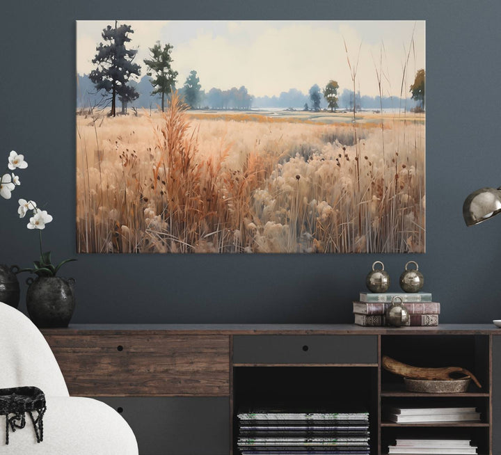 The Golden Fields Canvas Art Print, depicting a serene landscape, adds tranquility with its presence.