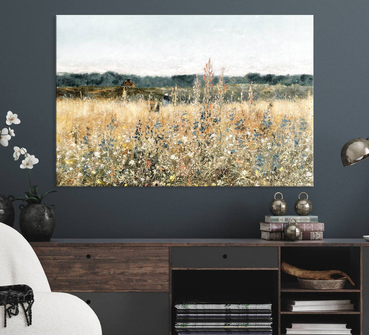 The Wildflower Field Wall Art adds a rustic touch to the space.