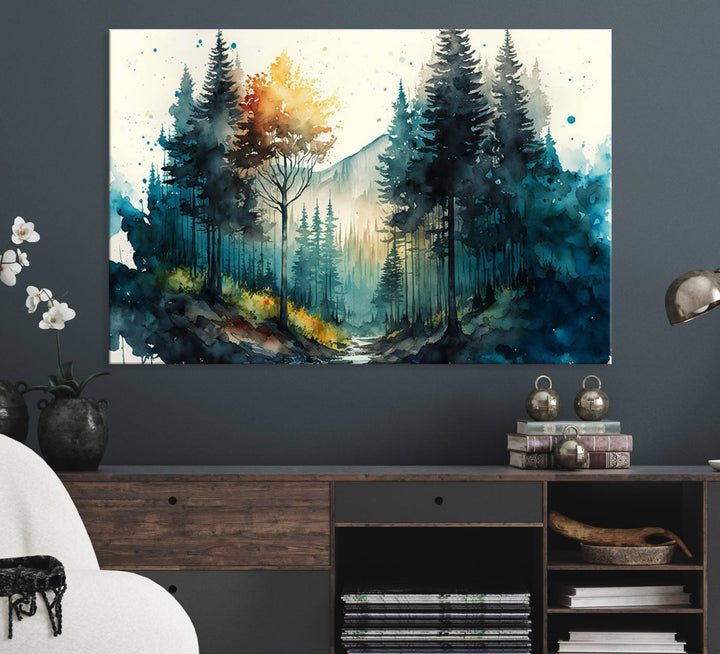 The Watercolor Trees Forest Abstract canvas print is displayed prominently.