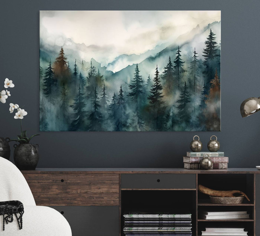 Serenity Forest Wall Art Canvas above the table adds a nature-inspired vibe to the space.