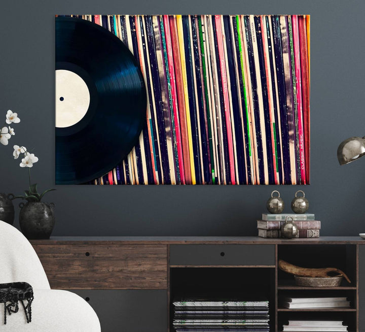 The Vinyl Record and Album Collection Canvas above the dining table enhances the modern kitchen, creating a perfect aesthetic for vintage vinyl lovers.