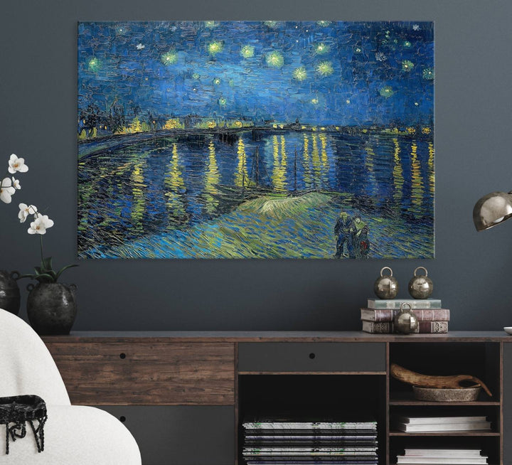 A Vincent van Gogh Starry Night over the Rhone canvas print is displayed on a porch.