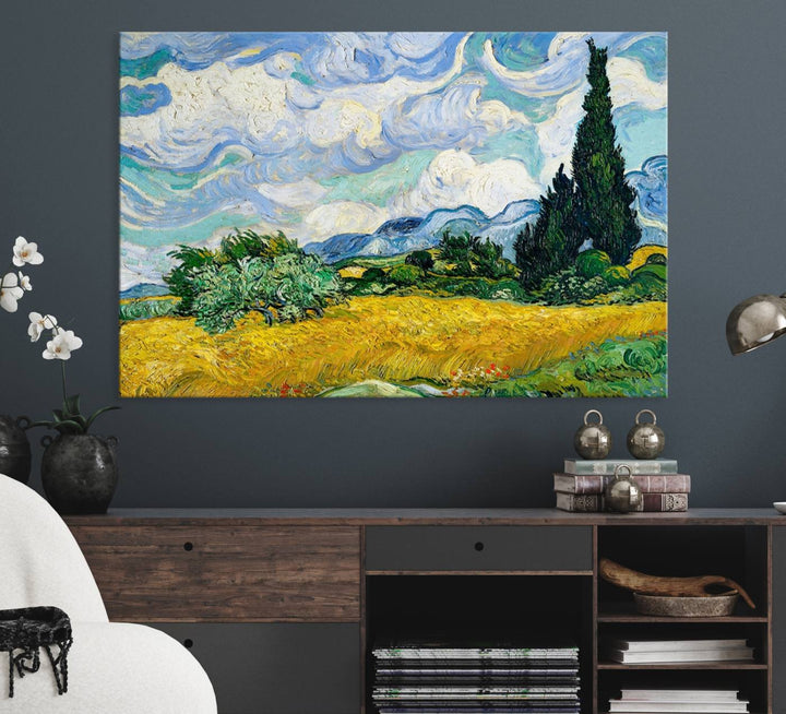 A kitchen featuring Wheatfield With Cypresses Van Gogh canvas wall art.