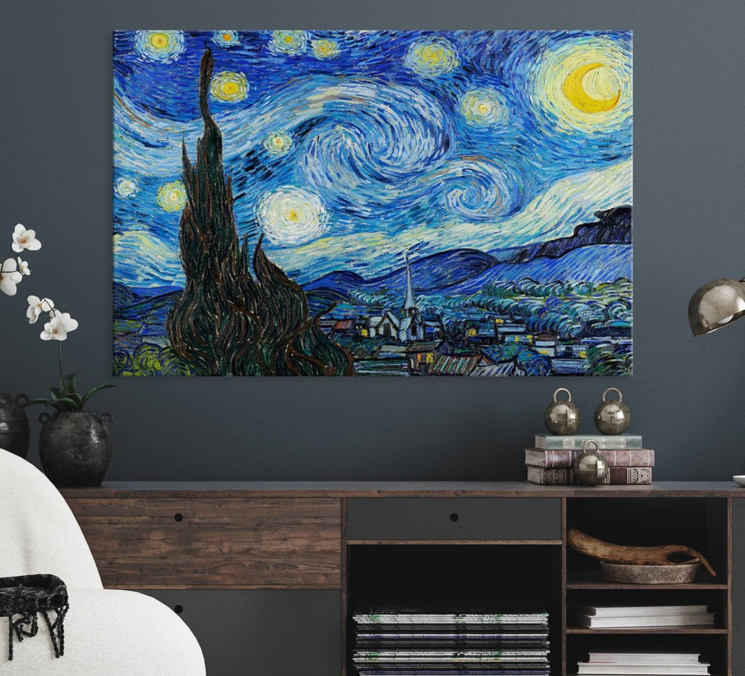 A canvas print of The Starry Night, offering museum-quality art, ready to hang.