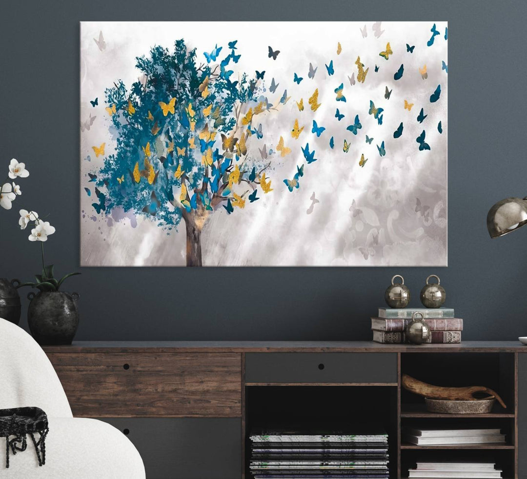 The modern dining room features Tree Butterfly Abstract Wall Art, adding a touch of nature-inspired decor.