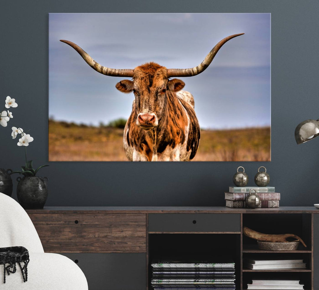 The Texas Longhorn Wall Art Print is displayed in a stylish living room.