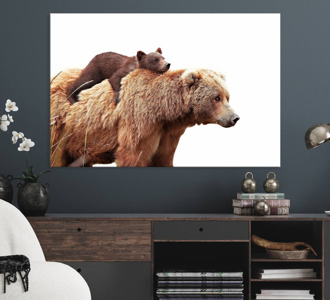 Mother and Baby Bear canvas: an adorable wildlife print displayed on a dark green wall.