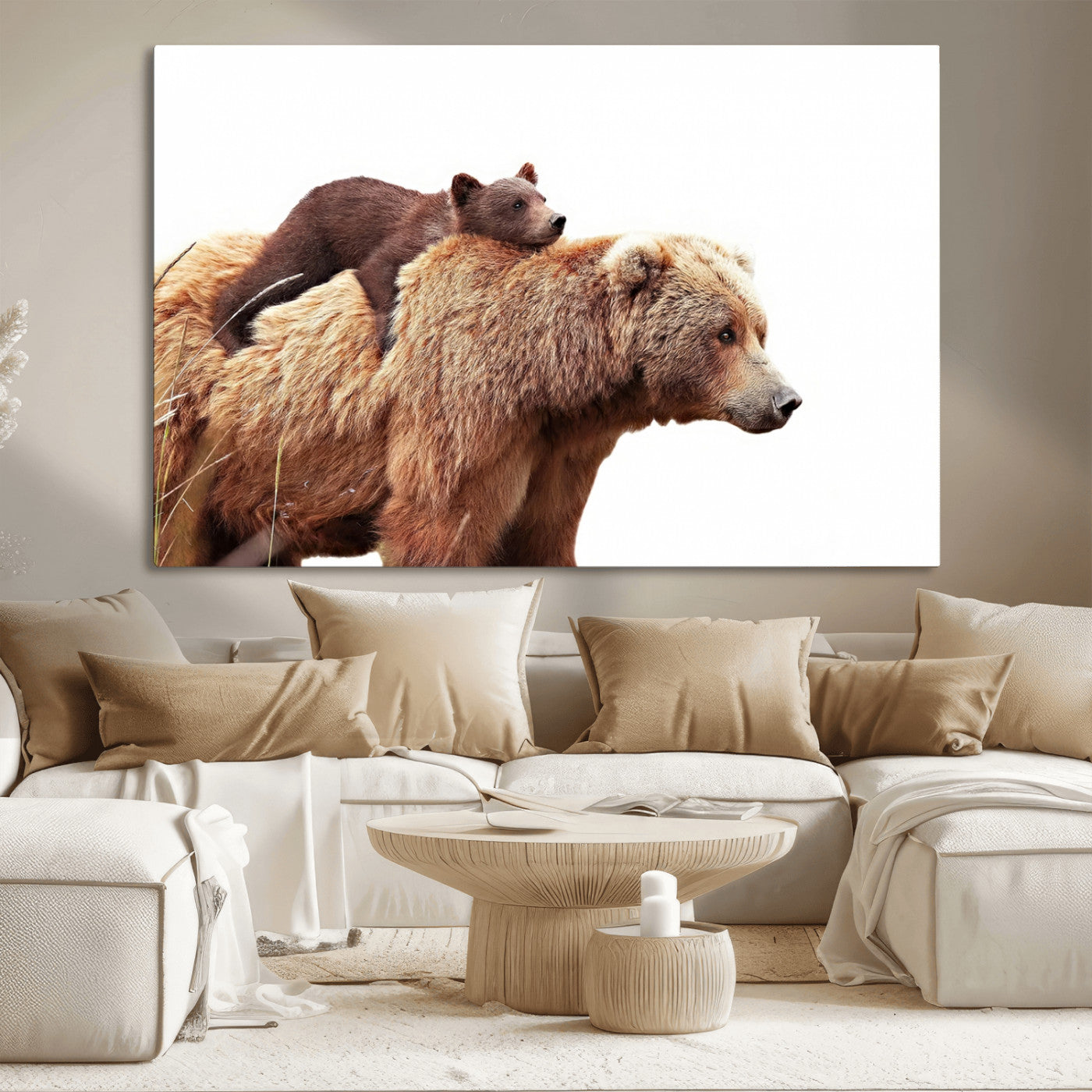 MGV-CV-36X24 - Mother and Baby Bear Canvas Wall Art - Adorable Wildlife Animal Print, Cozy Rustic Decor for Living Room,