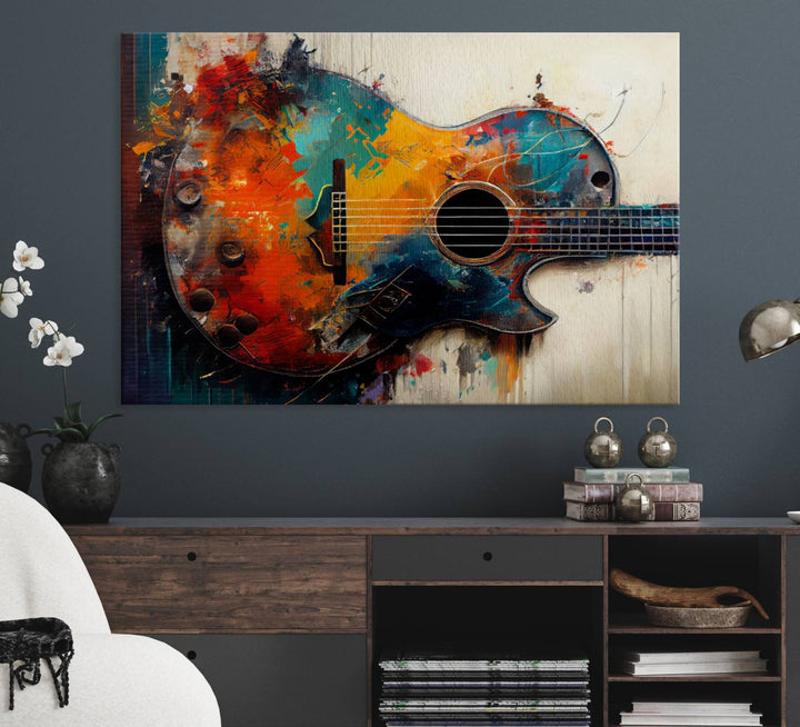 A vibrant guitar wall art canvas is mounted on the wall.