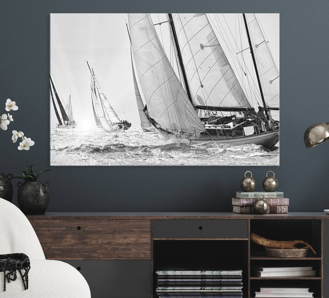 Yacht Sailboat Regatta canvas print on a textured wooden wall.