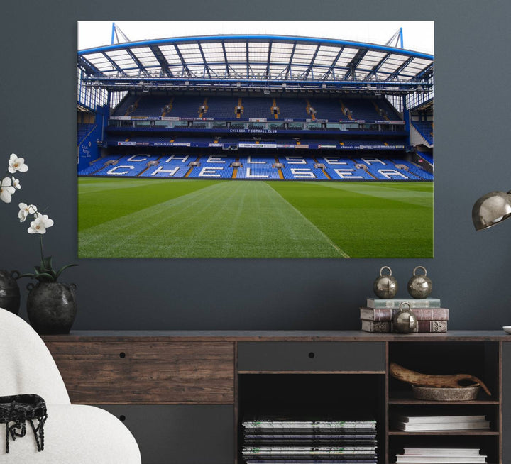 The wall art features a Chelsea FC Stamford Bridge Stadium canvas print.