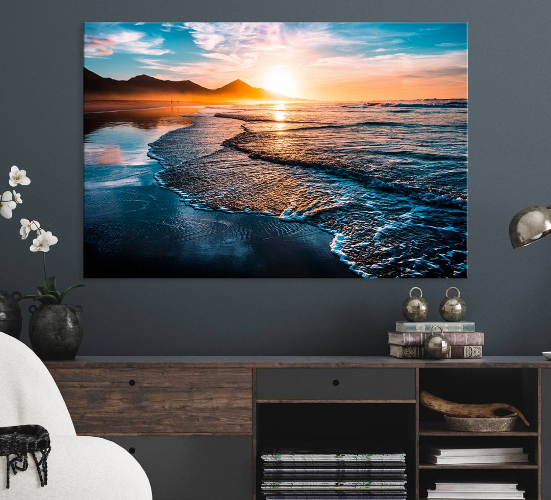 The Sunset Beach Ocean Canvas Wall Art – Tranquil Reflections at Dusk enhances the ambiance with its captivating depiction of serene ocean views at dusk.