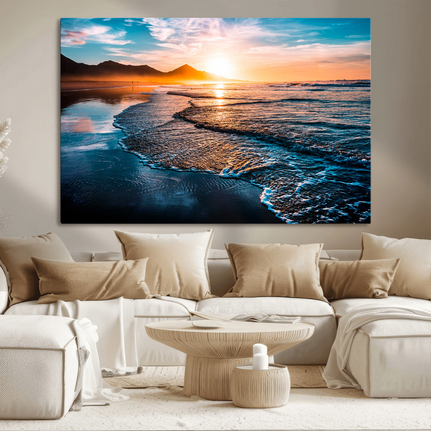 MGV-CV-36X24 - Sunset Beach Ocean Canvas Wall Art – Tranquil Ocean Reflections at Dusk – Ready to Hang