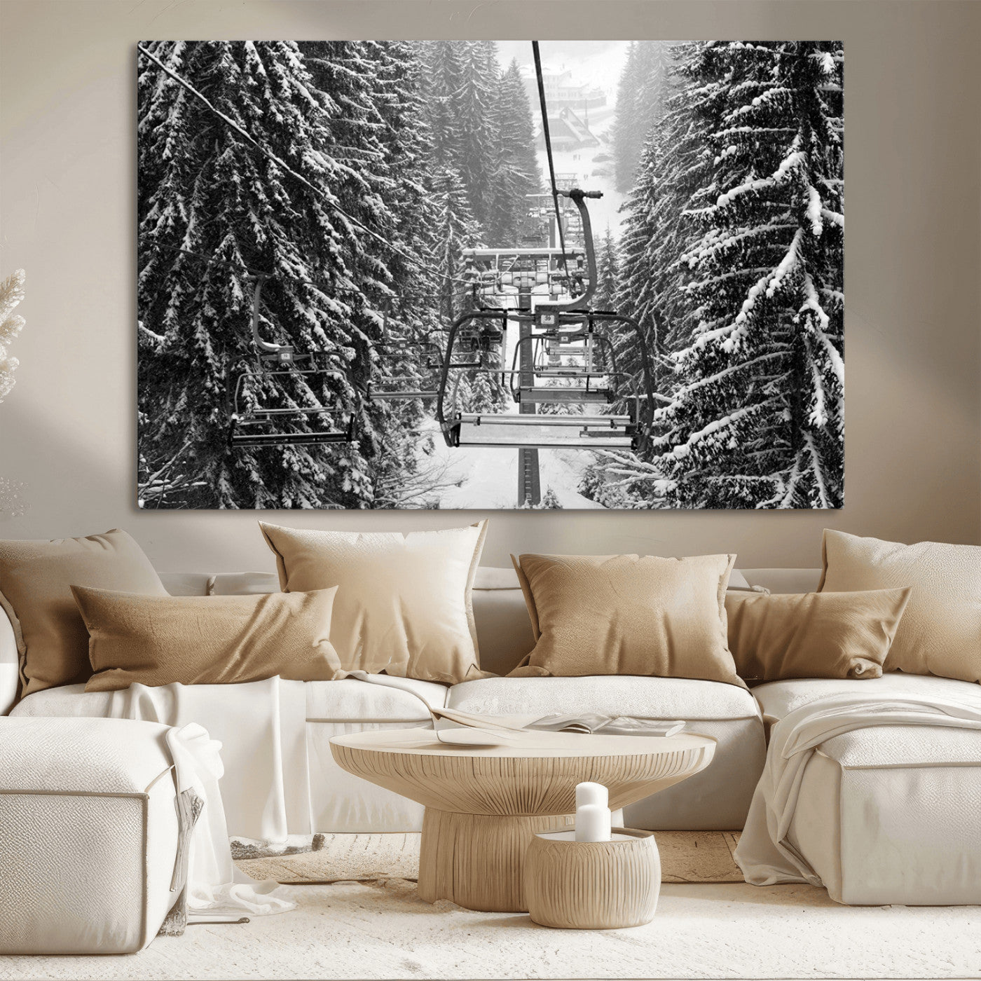 MGV-CV-36X24 - Winter Ski Lift Black and White Canvas Wall Art – Alpine Escape in Minimalist Style – Ready to Hang