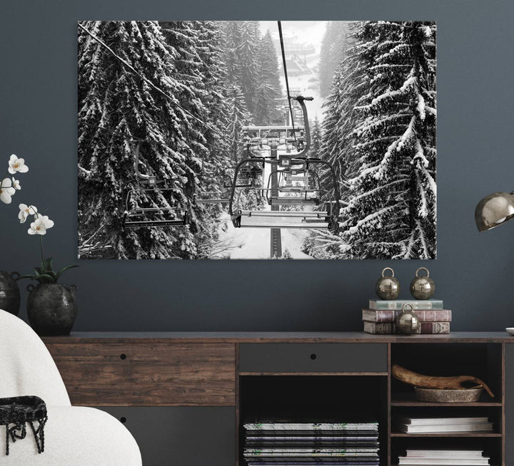 The Winter Ski Lift Canvas in minimalist style adds a unique touch to the dining room.