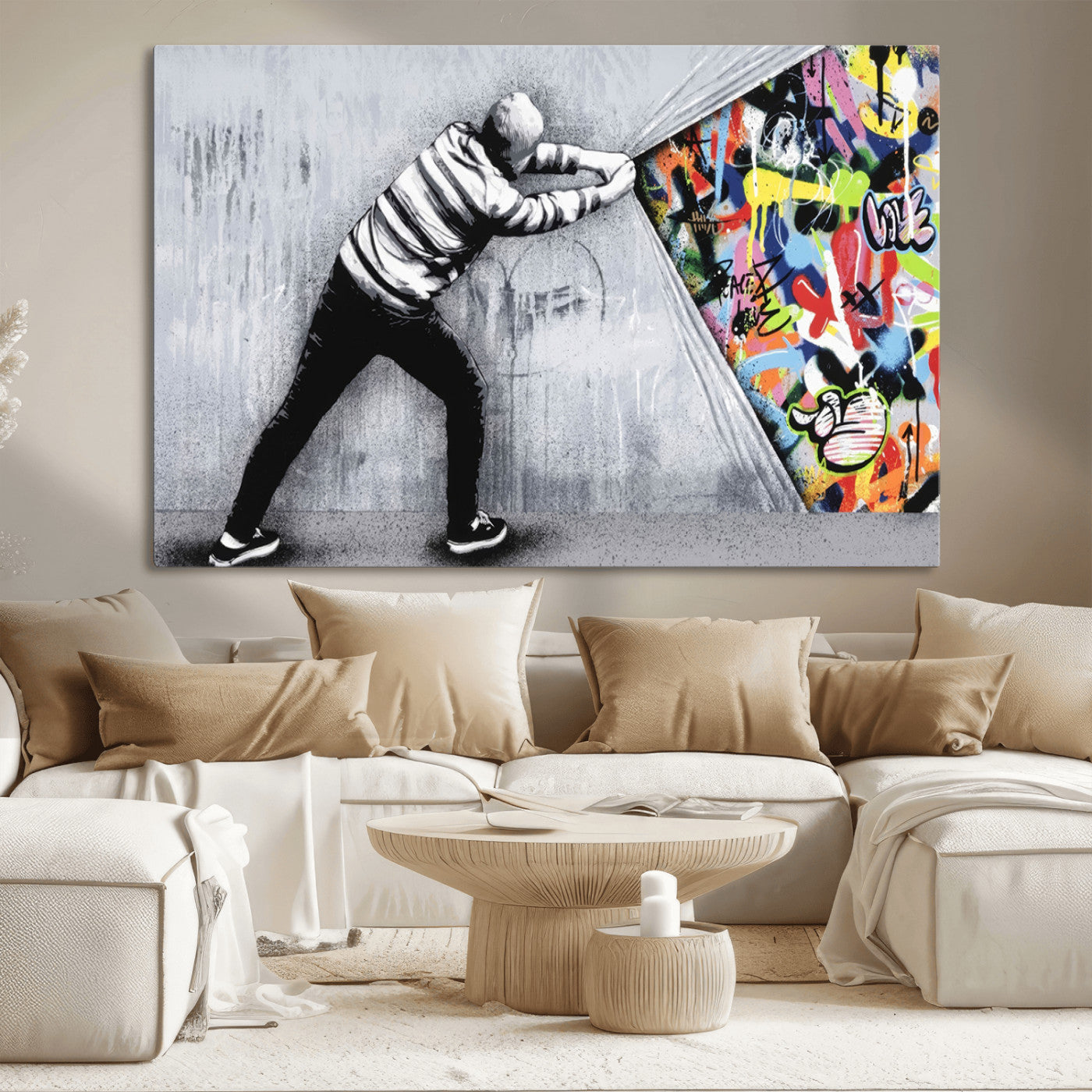 MGV-CV-36X24 - Banksy Art Behind the Curtain Street Wall Art Canvas Print | 3-Panel Urban Graffiti-Inspired Wall Art for Living Room or Office