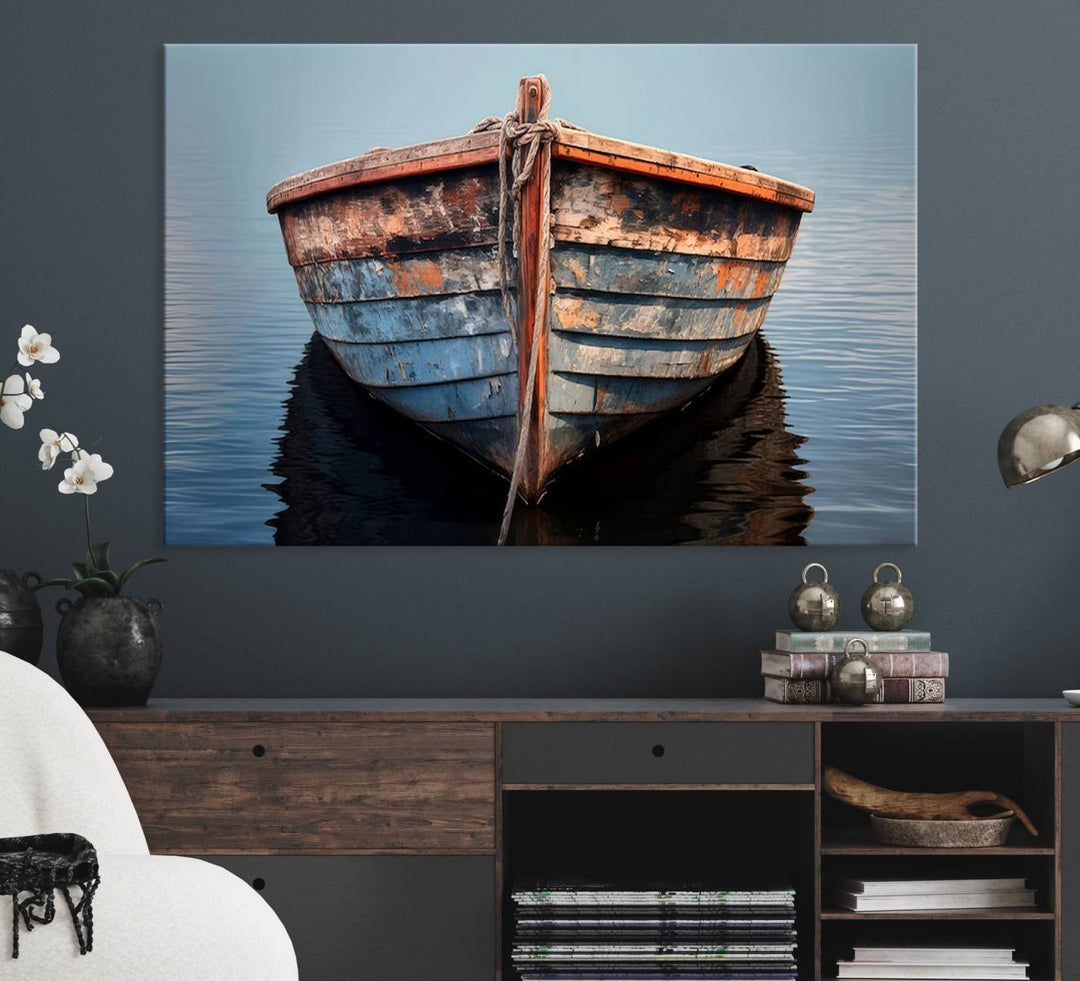 Stunning vintage boat canvas print featuring a calm water scene.