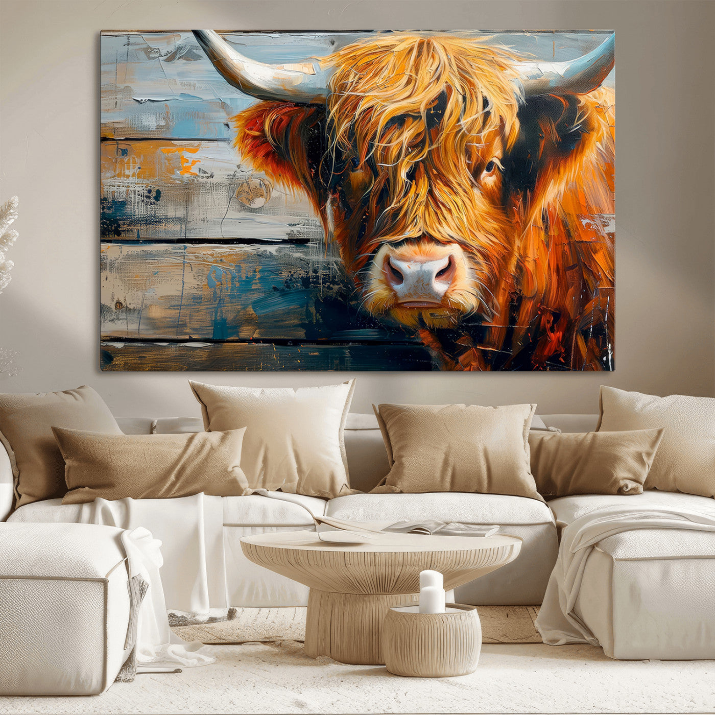 92312-MGV-CV-36X24-Highland Cow Abstract Canvas Wall Art – Bold Farmhouse Rustic Decor – Ready to Hang