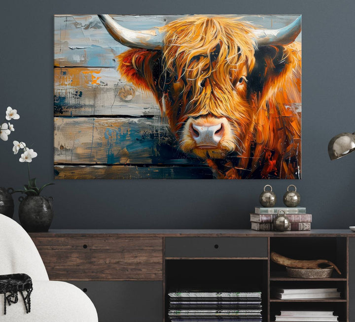 The dining room features Highland Cow Abstract Canvas Wall Art in a farmhouse rustic decor style.