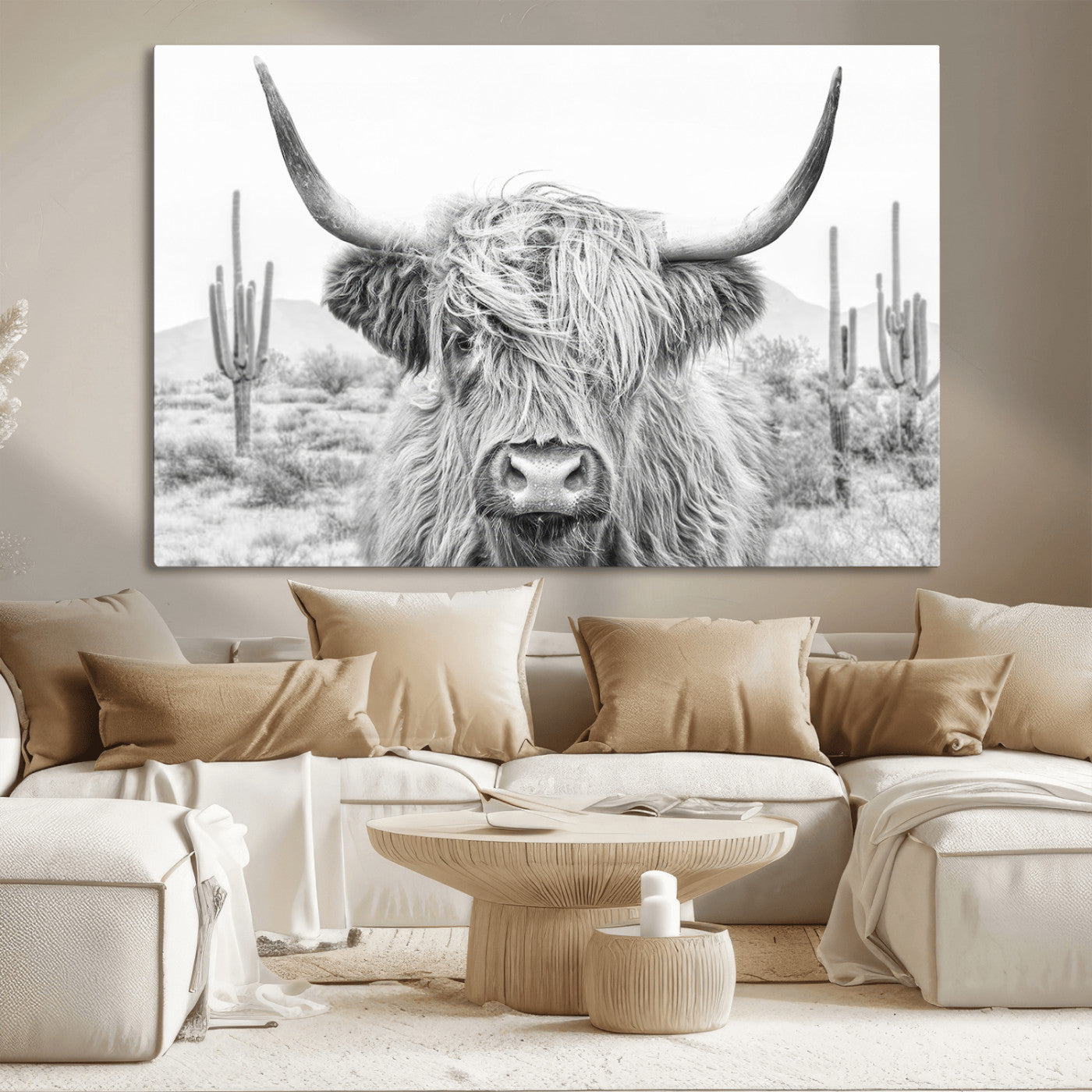 -Rustic Charm | Cow Longhorn Black White Bighorn Wall Art Canvas Print | Farmhouse Wall Art