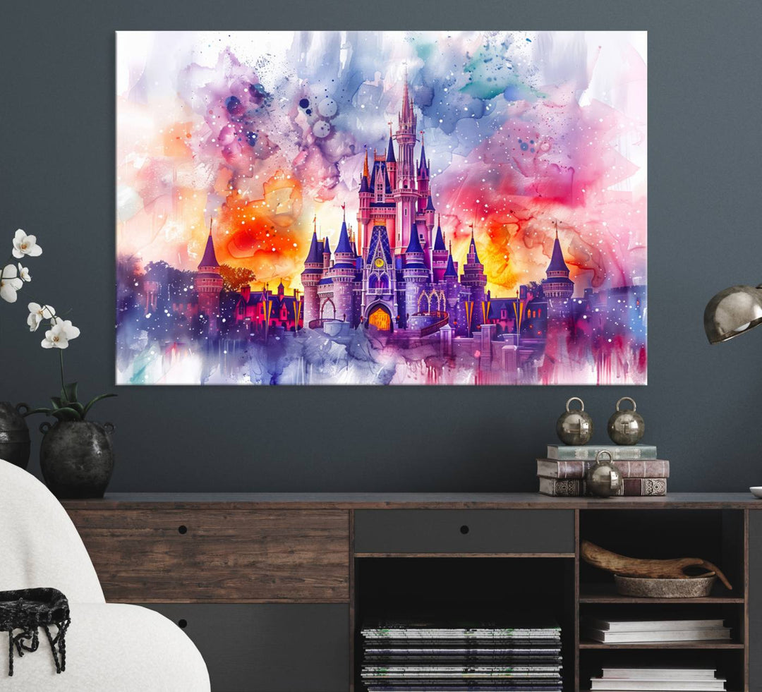 The watercolor Disney Wall Art showcases Cinderellas Castle in pink, purple, and orange hues.