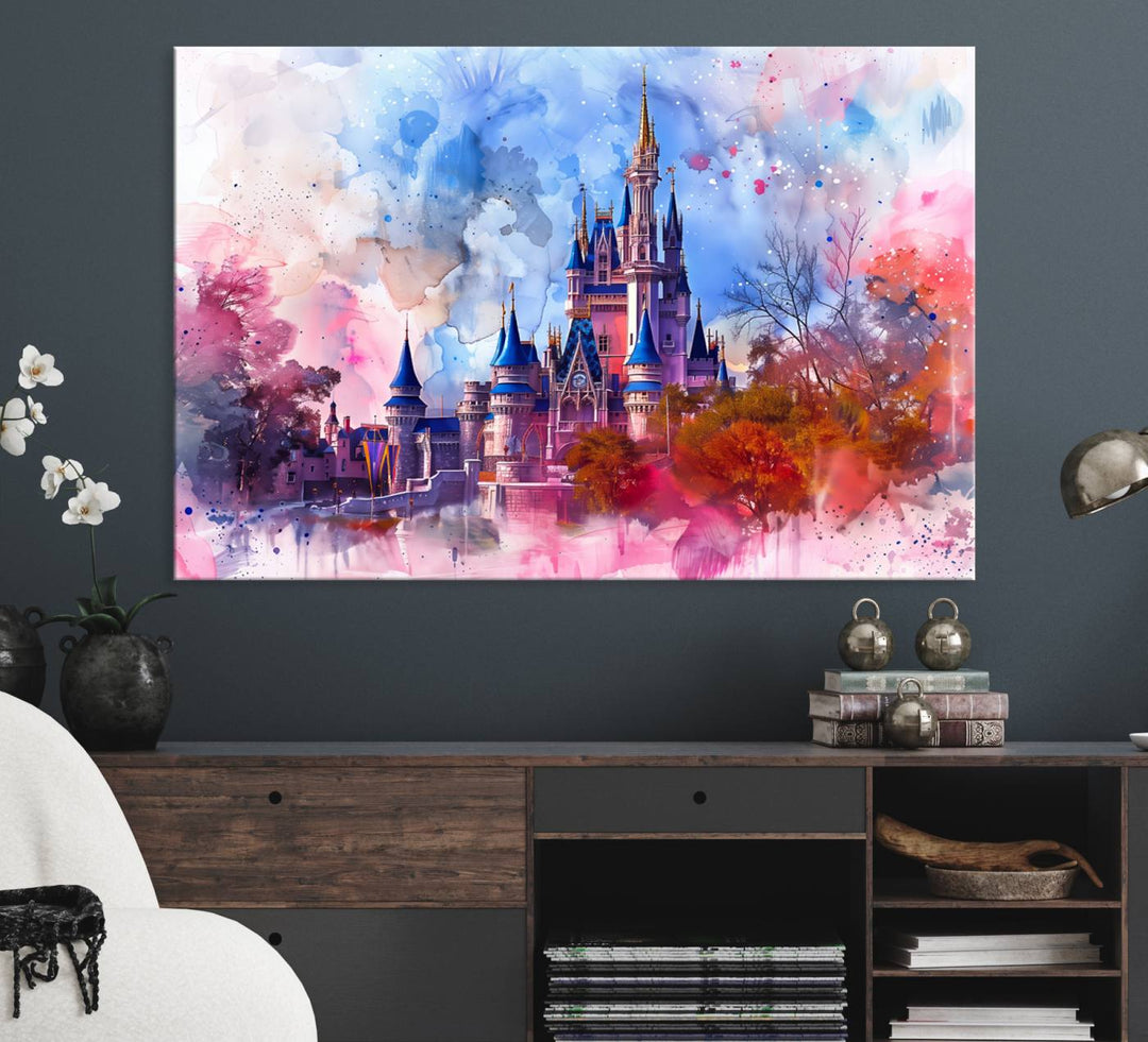 A Disney Wall Art: Dreamy Watercolor Cinderella Castle Canvas Print hangs prominently.