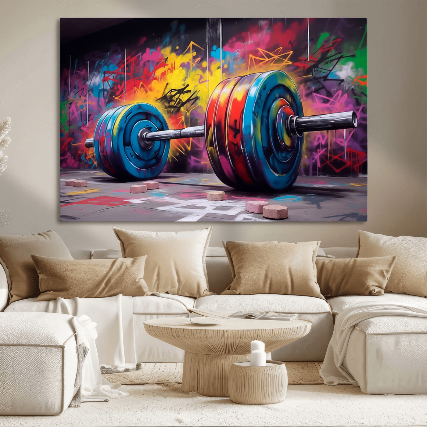 MGV-CV-36X24 - Abstract Graffiti Barbell Canvas Wall Art – Urban Fitness Meets Bold Street Art Print - Gym Wall Art Print