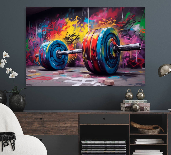 The Abstract Graffiti Barbell Canvas Wall Art is displayed on a porch.