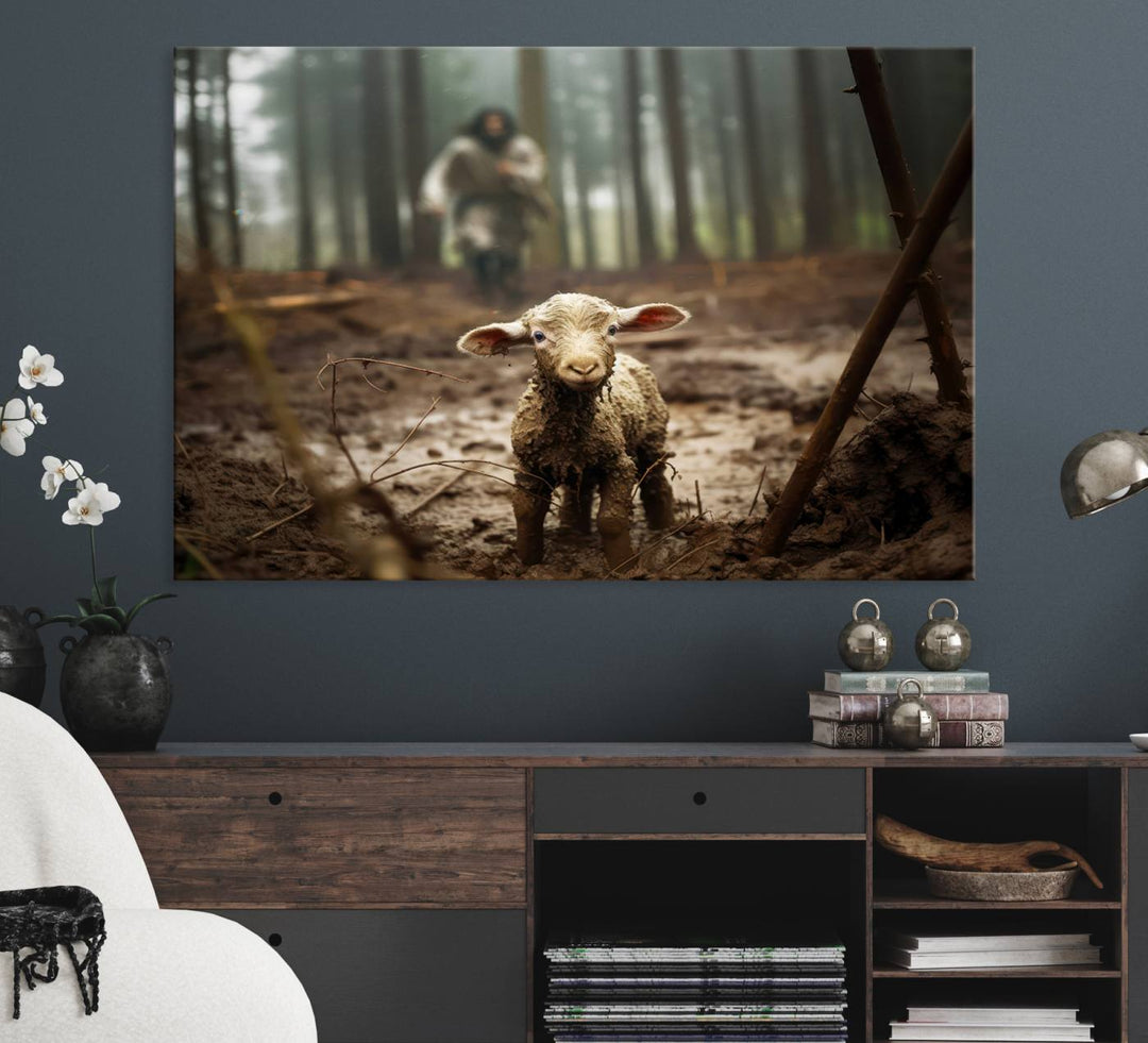 The Jesus Lost Lamb Canvas Wall Art features a heartwarming woodland scene, beautifully capturing the essence of serenity and grace.