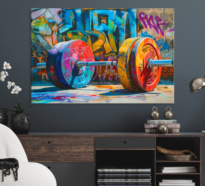 A Fitness Gym Barbell Graffiti Wall Art Canvas Print is displayed.