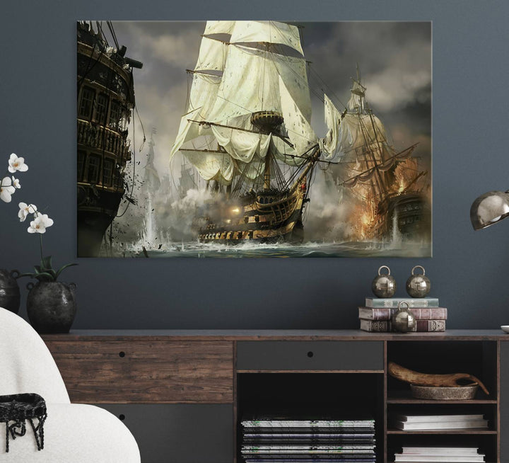 Featuring a dramatic Pirate Ship War Wall Art Canvas Print.